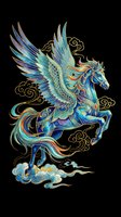 Ornate winged horse with intricate blue, teal, and gold detailing, isolated on transparent background. Ready for t-shirts, stickers, sublimation, print-on-demand products, and digital design projects.