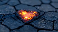 Cracked dry earth with glowing heart-shaped lava underneath, symbolizing passion and inner fire emerging through darkness. Dramatic metaphorical background for love themes.