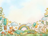 Whimsical nursery scene with hot air balloon, rainbow, train, fox, bunny, moon, stars, clouds, and botanical elements on isolated white background. Suitable for children's room decor, fabric prints, and greeting cards.