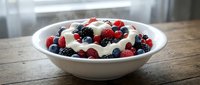 Fresh mixed berries with creamy yogurt in white bowl on rustic wooden table. Healthy breakfast dessert with raspberries blueberries blackberries for nutrition.