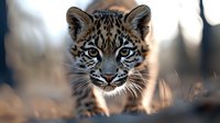 Young leopard cub with spotted fur and blue eyes in natural habitat. Wildlife photography showcasing big cat species in outdoor environment.