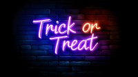 Glowing purple and red neon sign reading Trick or Treat mounted on dark brick wall background creates spooky Halloween atmosphere for seasonal decoration and party design.