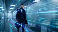 Professional businessman in dark suit walking through futuristic digital corridor with glowing data streams and holographic interface technology.