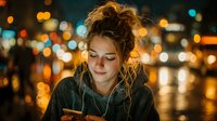Young woman with curly hair listening to music on smartphone with earphones at night in city with bokeh lights background for lifestyle content.