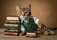 Tabby cat wearing green vest leaning against stack of antique books on wooden surface, brown studio background. For education, literature, reading promotion.