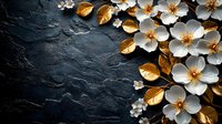 White delicate flowers with golden leaves arranged on dark textured stone background, creating elegant floral composition for luxury design and decoration.