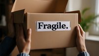 Hands holding cardboard box with fragile sticker label during relocation or shipping process, close-up view showing careful package handling and delivery preparation.