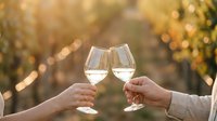 Two hands toasting with white wine glasses in golden sunset light with bokeh background for celebration and romantic moments.