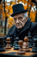 Elderly Caucasian man in black top hat playing chess outdoors during autumn season with golden foliage background for lifestyle and leisure concepts.