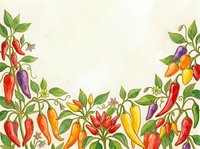 Colorful chili peppers and flowering plants with green foliage arranged on cream background, isolated design element suitable for culinary, gardening, and food-related projects.