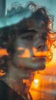 Young Mediterranean male with curly hair in artistic double exposure portrait blending sunset colors and reflective surfaces creating dreamy atmospheric mood.