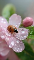 Ladybug covered in morning dew drops resting on delicate pink flower petals. Macro nature photography showing water droplets and intricate details in soft focus.