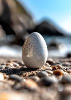 Speckled white egg on sandy beach with pebbles and soft bokeh background in warm sunlight. Natural coastal setting creates serene minimalist composition.