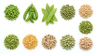 Legumes and pulses collection including green peas, chickpeas, lentils and beans isolated on white background for cooking, nutrition and food design projects.