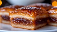 Golden layered pastry squares with caramelized filling and flaky crust on white plate. Sweet dessert treats for bakery menu, cafe display or food photography.