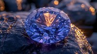 Brilliant blue diamond gemstone with light reflections and bokeh effects on dark textured surface, luxury jewelry and precious stone macro photography.