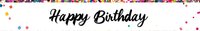 Festive birthday greeting text with colorful confetti border on white background, perfect for celebration cards and party invitations.
