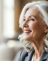Confident senior woman with silver hair smiling warmly in natural light. Mature female portrait showing happiness and positive aging lifestyle.