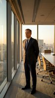 Confident middle-aged Caucasian businessman in dark suit standing by floor-to-ceiling windows in modern corporate boardroom overlooking city skyline at sunset.