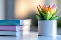 Colorful succulent plant in white ceramic pot next to stack of pastel books on desk, soft blurred background creates minimalist workspace atmosphere.