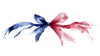 Watercolor bow in red and blue colors with flowing ribbons and splashes on white background, isolated decorative element for design projects.