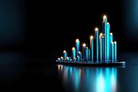 Glowing blue candles arranged in ascending height create dramatic lighting effect with reflection on dark surface, modern minimalist design for spiritual atmosphere.