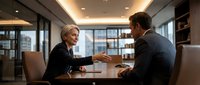 Professional businesswoman and businessman having serious discussion in modern corporate boardroom with city skyline view during important meeting.