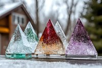 Colorful crystal pyramids with glitter effect in winter setting, featuring mint green, amber, and purple translucent geometric shapes against snowy background.
