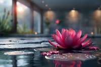 Pink water lily floating on dark pond surface with water drops and bokeh lights creating serene spa atmosphere. Natural zen garden setting with soft focus.