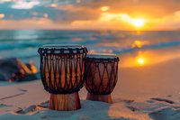 Traditional djembe drums on sandy beach at golden sunset, perfect for meditation, wellness, and spiritual concepts. Ocean waves and warm sunlight create peaceful atmosphere.