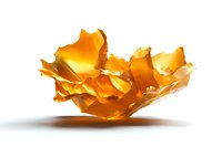 Orange citrus peel floating in air against white background, bright sunlit translucent fruit skin with natural curves and shadows creating artistic composition.