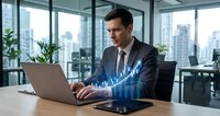 Professional businessman analyzing financial data with holographic growth chart in modern office workspace overlooking city skyline.
