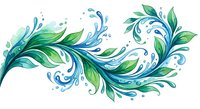 Flowing green leaves with blue water splashes in decorative swirl pattern on white background for nature design projects.