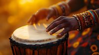 African female hands playing traditional djembe drum at sunset, wearing colorful ethnic bracelets. Warm golden light creates atmospheric mood for world music concept.