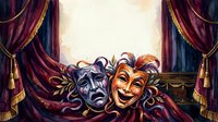 Comedy and tragedy theatrical masks with ornate gold trim displayed against luxurious burgundy velvet curtains and golden tassels, representing performing arts and drama.