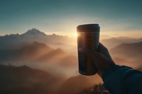 Hand holding travel mug against breathtaking mountain sunrise backdrop with fog-covered peaks and golden morning light.