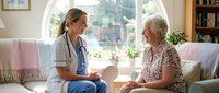 Young female healthcare worker in scrubs having friendly conversation with elderly Caucasian woman patient during home visit in bright living room.