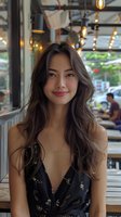 Young Asian woman with long dark wavy hair smiling warmly in cafe setting with bokeh lights. Natural makeup and black floral dress create casual elegant look for lifestyle content.