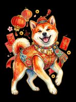 Shiba Inu dog wearing traditional red and gold ceremonial robe surrounded by lanterns, coins, and festive decorations on transparent background. Ready for t-shirts, stickers, clipart, and print-on-demand designs.