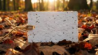White textured paper card surrounded by autumn leaves and natural debris on forest ground, suitable for seasonal marketing, fall campaigns, and nature-themed design projects.
