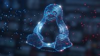 Digital wireframe penguin mascot glowing in blue neon light against dark tech background with floating particles for software development projects.