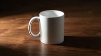 White ceramic mug on rustic wooden table with dramatic moody lighting, perfect mockup for custom print design, branding, and merchandise presentation.
