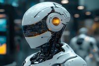 Futuristic white robot with glowing orange eye and exposed mechanical neck components against blurred background, showcasing advanced cybernetic design and technology.