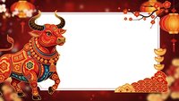Festive ox frame with red lanterns and gold coins for lunar new year celebrations and traditional holiday greetings with blank space for text.