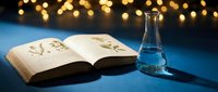 Open botanical book with pressed flowers and glass flask on blue surface with warm bokeh lights creating cozy study atmosphere for science education.