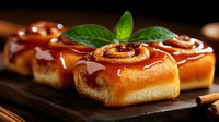 Fresh cinnamon rolls with caramel glaze and mint garnish on dark wooden board, warm golden pastries with sweet sticky topping in moody lighting.