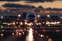 Commercial airplane landing on illuminated runway at sunset with dramatic sky and airport lights creating bokeh effect for travel industry marketing.