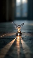 Glowing glass angel figurine with translucent wings on cobblestone street at dusk creating warm light reflections for spiritual and holiday concepts.