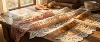 Vintage lace tablecloth with intricate floral patterns on wooden table in warm sunlight creating cozy home atmosphere for dining and decoration.