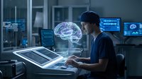 Medical professional analyzing holographic brain scan in futuristic laboratory with advanced diagnostic technology and digital displays.